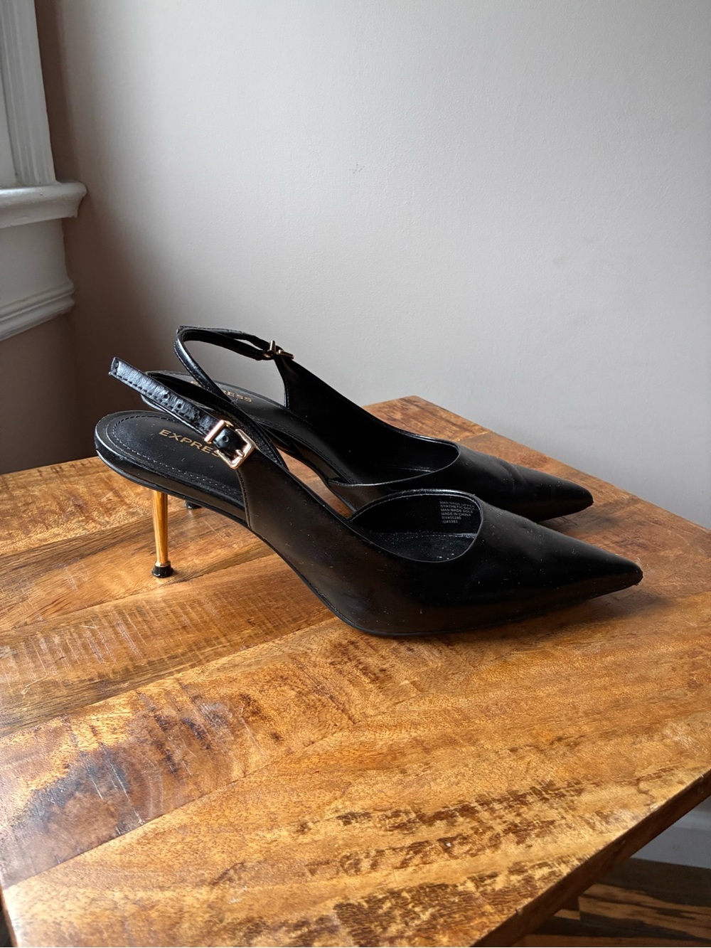 Express Black Pointed Slingback Heels with Gold Stiletto